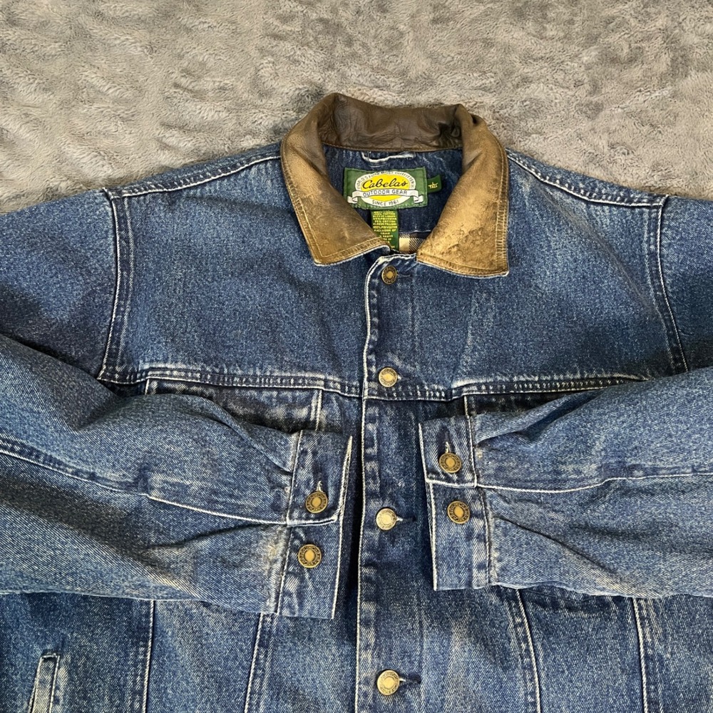 Cabelas Mens Denim Jacket L Tall Lined Brown Leather Collar Trucker VTG 90s